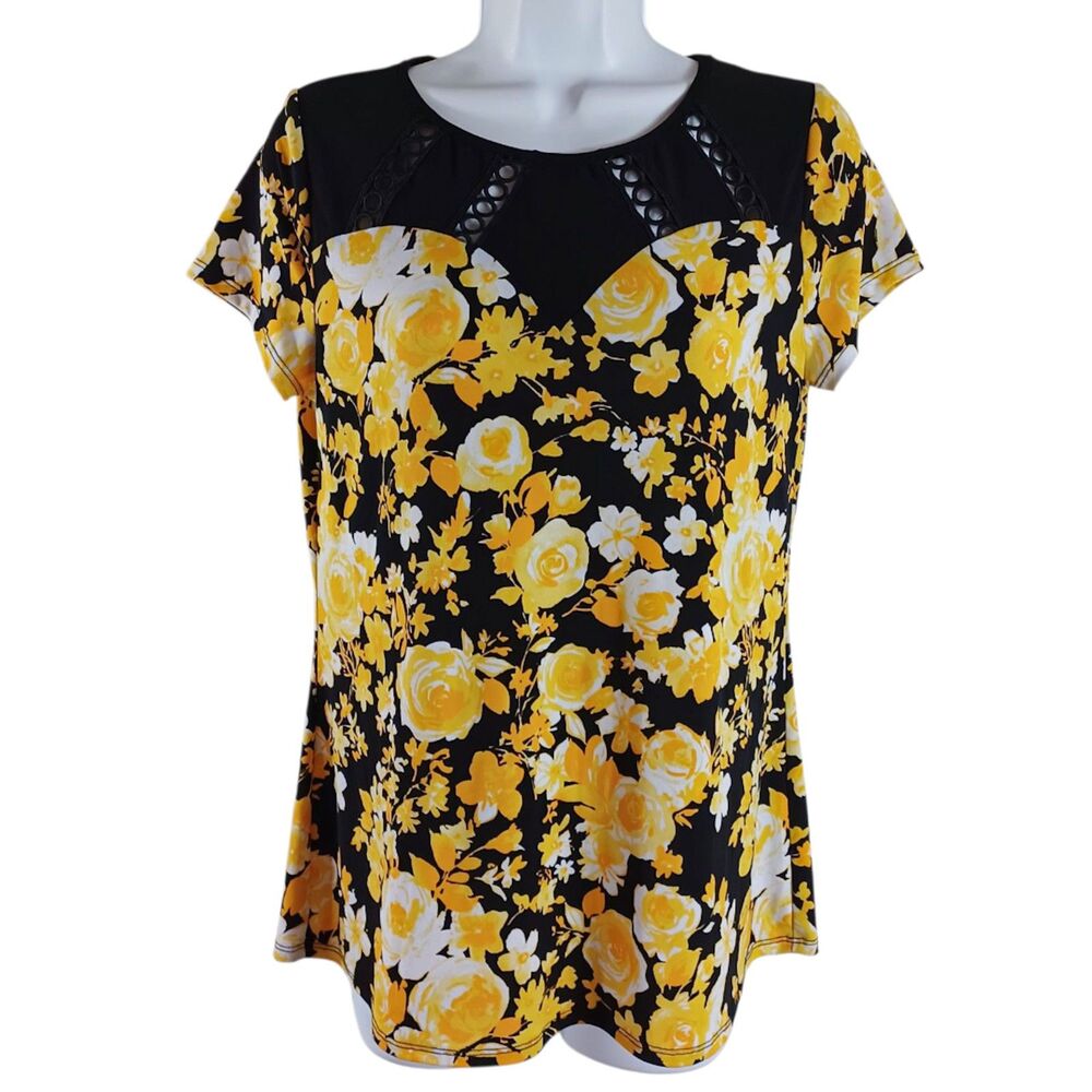 Diana Belle Yellow Floral Blouse S Black Lattice Stretch Top Cap Sleeve Romantic